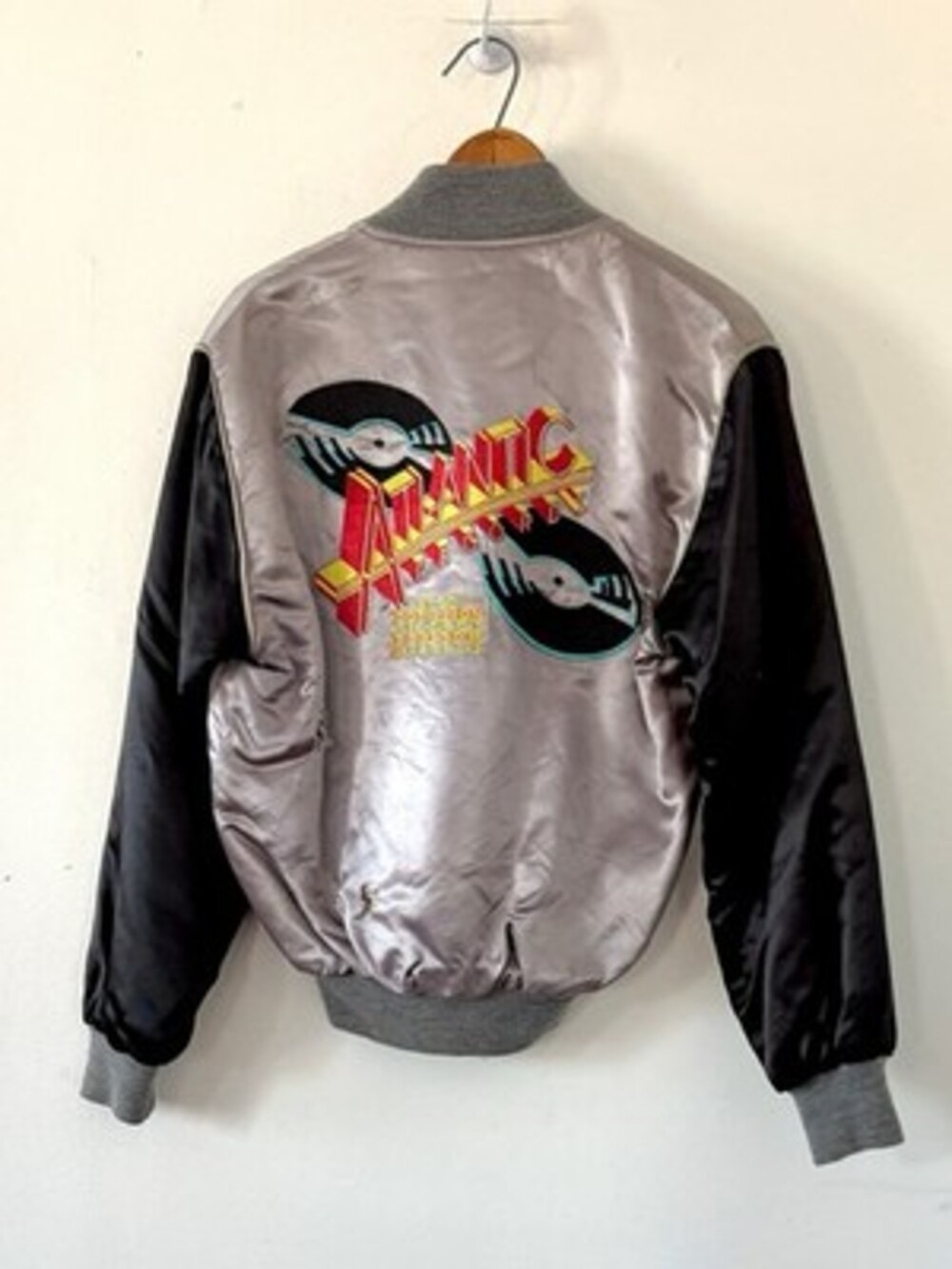 1970s 80s Atlantic Records Embroidered Satin Bomber Jacket NYC Promo Staff Logo